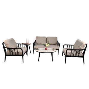 5 Pieces Outdoor Patio, Modern Chat Sofa Conversation Set, Removable Sunbrella Cushions And Table With Carrara Marble Look Sintered Stone Top - Ember Black / White