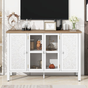 Retro TV Stand With 3 Spacious Cabinets, Glass Cabinet Doors And Anti-Tip Device