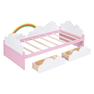 Twin Size Bed With Clouds And Rainbow Decor - Pink / White
