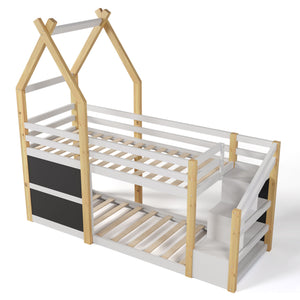 Twin Over Twin House Bunk Bed With White Storage Staircase And 2 Blackboards - White / Natural