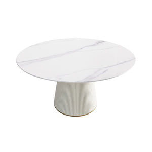 Modern Artificial Stone Round Plywood Base Dining Table, Can Accommodate 8 People, (Not Including Chairs) - White / Beige