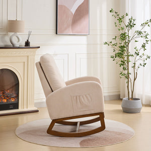 Rocking Chair For Nursery, Polyester Glider Chair With High Back And Side Pocket, Rocking Accent Armchair With Rubber Wood Legs For Living Room / Bedroom - Beige