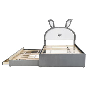 Upholstered Platform Bed With Trundle And 3 Drawers, Rabbit-Shaped Headboard With Embedded LED Lights
