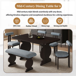 Mid-Century Modern Table Set For 6 Persons With 4 Chairs And Bench, Padded Seats And Backrest