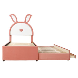 Upholstered Platform Bed With Trundle And 3 Drawers, Rabbit-Shaped Headboard With Embedded LED Lights