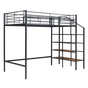 Loft Bed With Upper Grid Storage Shelf And Lateral Storage Ladder