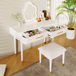 Modern Vanity Table Set With Mirror Touch Screen Lighted Mirror, Dressing Table And Cushioned Stool Set With 2 Large Drawers - White