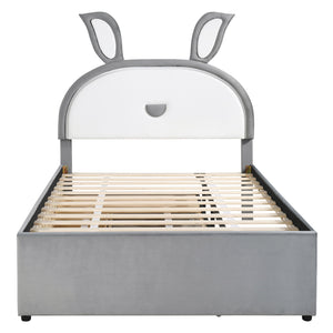Upholstered Platform Bed With Trundle And 3 Drawers, Rabbit-Shaped Headboard With Embedded LED Lights