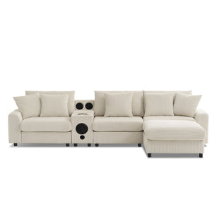 Sectional With Bluetooth Speakers L Shaped Couch With Console USB Charger, Cup Holders Storage Ottoman Deep And Wide Seat Cloud Sofa