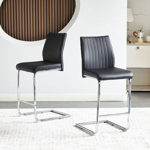 Modern Simple Bar Chair Leather Chrome Metal Pipe, Restaurant, Family Bar Chair (Set of 2) - Black