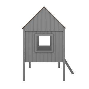 Twin Size Low Loft House Bed With Two Side Windows - Gray / Brown